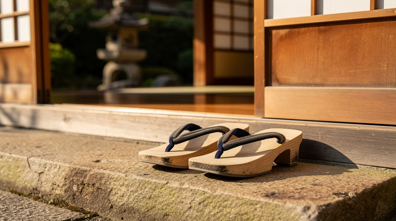 The image shows traditional Japanese wooden geta sandals neatly arranged on a stone step outside the entrance of a ryokan, symbolizing ryokan etiquette and the welcoming atmosphere of this traditional Japanese inn. The sandals are a reminder for guests to wear appropriate footwear as they enter, reflecting the customs associated with staying in a ryokan.