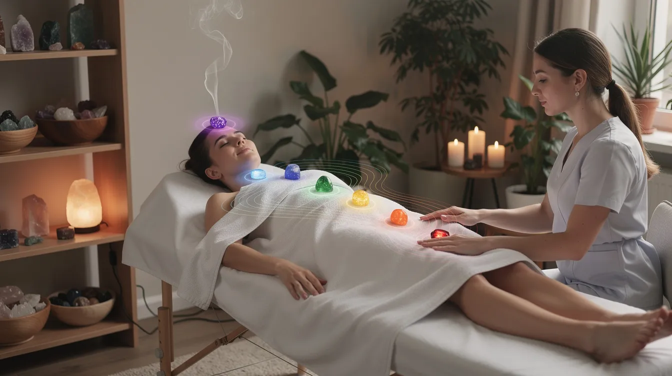 The image depicts a collection of seven chakra stones, each representing one of the seven primary chakras, arranged in a harmonious layout. The stones, including rose quartz and lapis lazuli, are used in crystal healing to promote energy flow, emotional balance, and spiritual wellbeing.