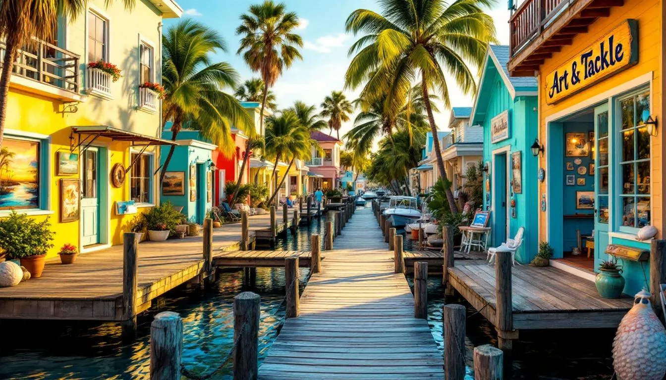 The image depicts traditional colorful fishing cottages in Matlacha, Florida, surrounded by art galleries and local shops along the waterfront, creating a charming small-town atmosphere perfect for nature lovers. This picturesque scene showcases the unique character of the area, located near Pine Island, inviting exploration and highlighting the real estate opportunities in this island paradise.