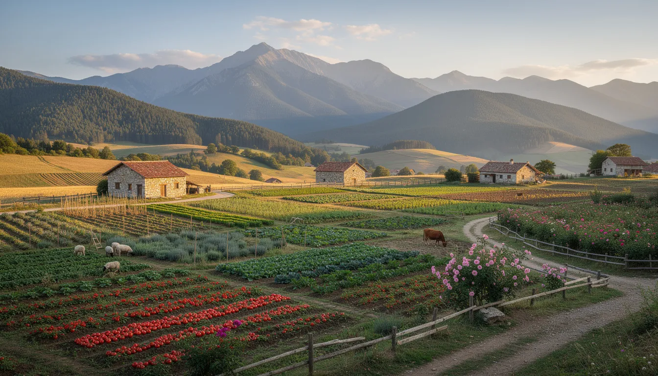 Un paisaje búlgaro impresionante muestra montañas y valles donde se cultivan ingredientes tradicionales de la gastronomía búlgara, como verduras y hierbas frescas. Este entorno natural es fundamental para la preparación de platos típicos, como la ensalada shopska y la sopa fría, que reflejan la rica historia culinaria del país.