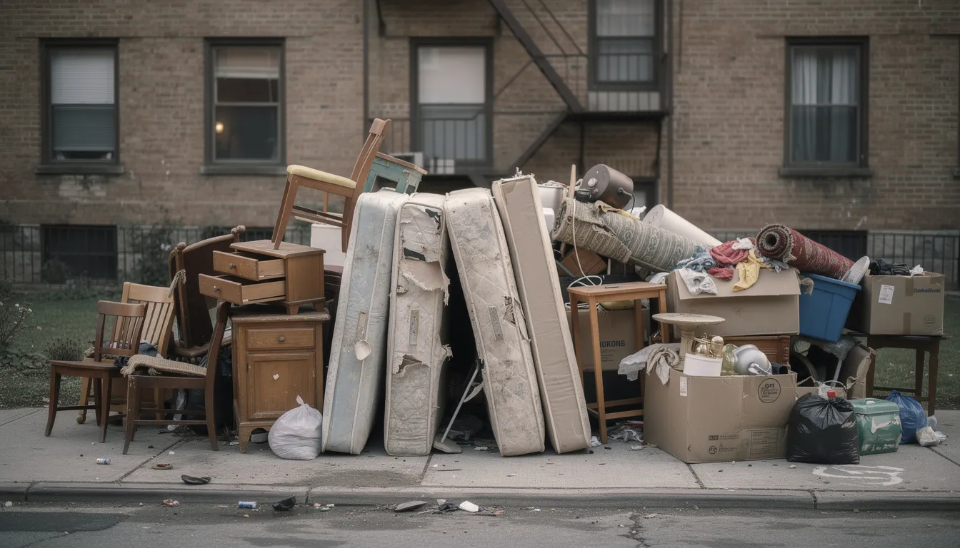 The image shows a pile of old furniture, mattresses, and various household items stacked outside an apartment building, indicating a property cleanout. This scene may be relevant for property managers and landlords needing junk removal services for new tenants, ensuring responsible disposal of unwanted items while minimizing environmental impact.