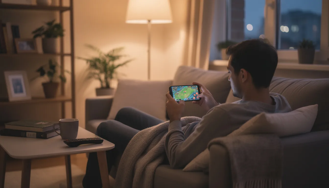 En person sitter bekvämt i sitt hem och spelar på mobilen, förmodligen på ett svenskt casino online. I bakgrunden syns en mysig inredning som skapar en avslappnad atmosfär för att njuta av spelupplevelsen.