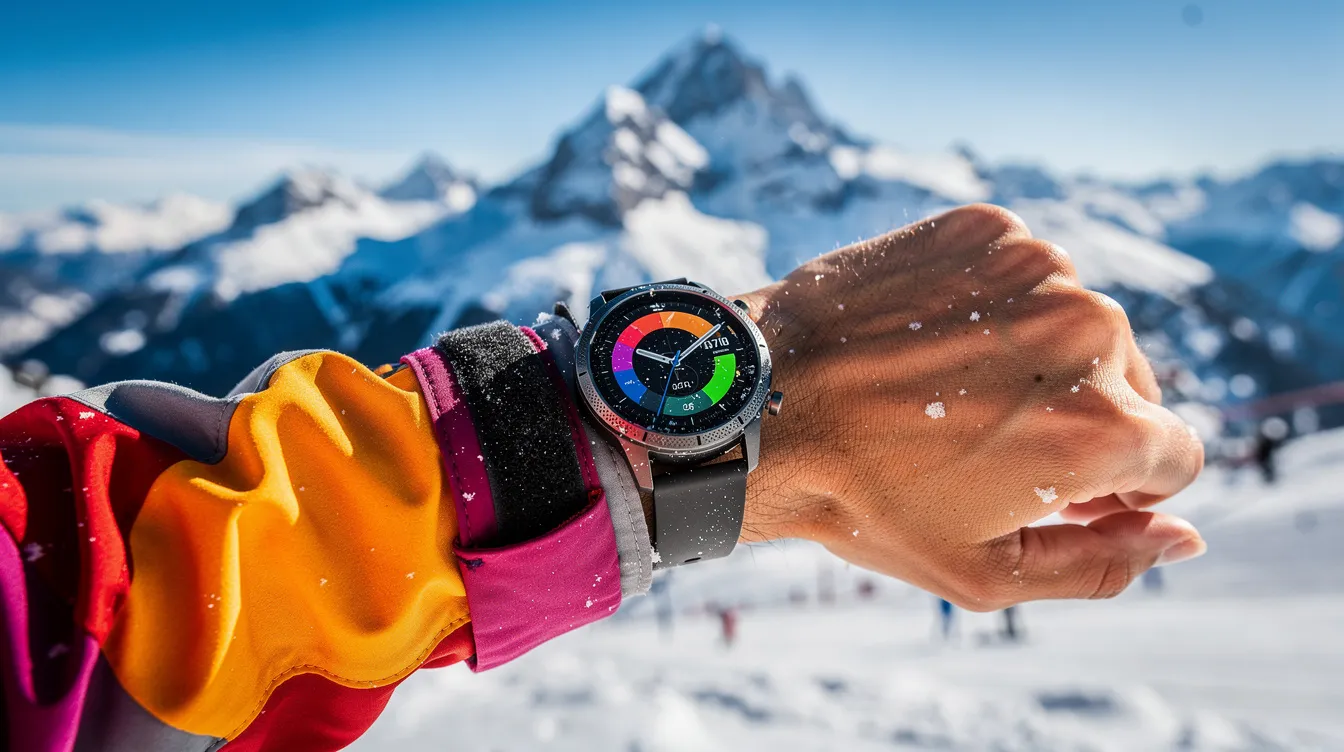 Eine Smartwatch am Handgelenk eines Skifahrers zeigt wichtige Informationen wie Geschwindigkeit und Höhenmeter an, während im Hintergrund eine beeindruckende Bergkulisse mit schneebedeckten Pisten zu sehen ist. Diese Anwendung ist ideal für Wintersportler, die ihre Skitage mit Ski Tracker und GPS Tracking optimieren möchten.