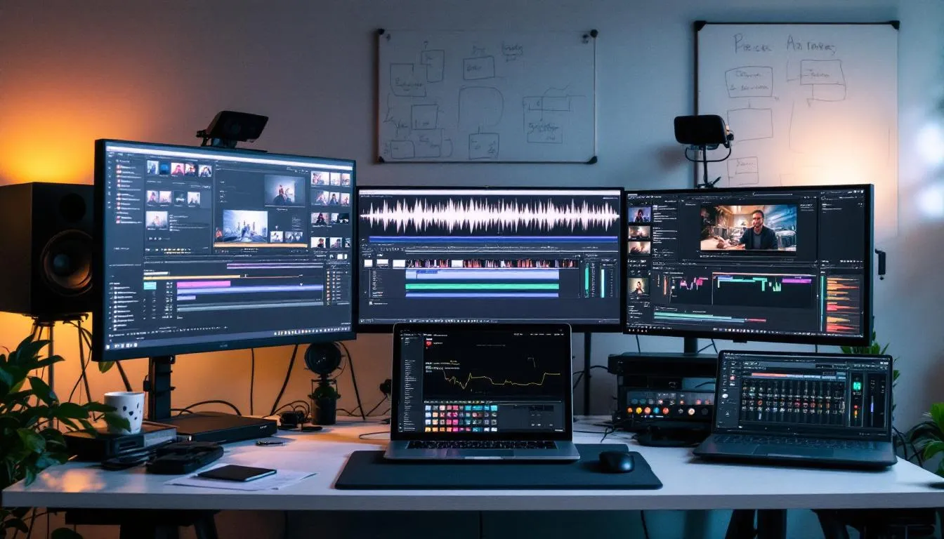 In the image, a video editing workspace is depicted featuring a timeline on a large screen, multiple monitors displaying various editing software, and professional editing equipment, illustrating a dynamic environment for creating high-quality video content. This setup is ideal for content marketers looking to produce engaging video content for social media platforms and blogs.