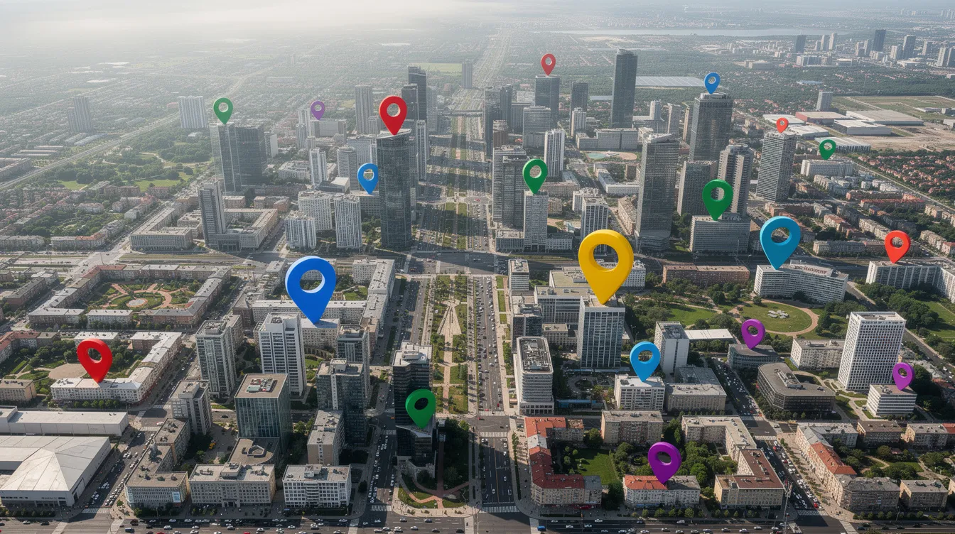An aerial view of a vibrant modern city showcases various colorful location pin markers scattered across different neighborhoods, symbolizing diverse businesses and services. This image highlights the importance of local SEO strategies for enhancing online visibility and search engine rankings in urban areas.