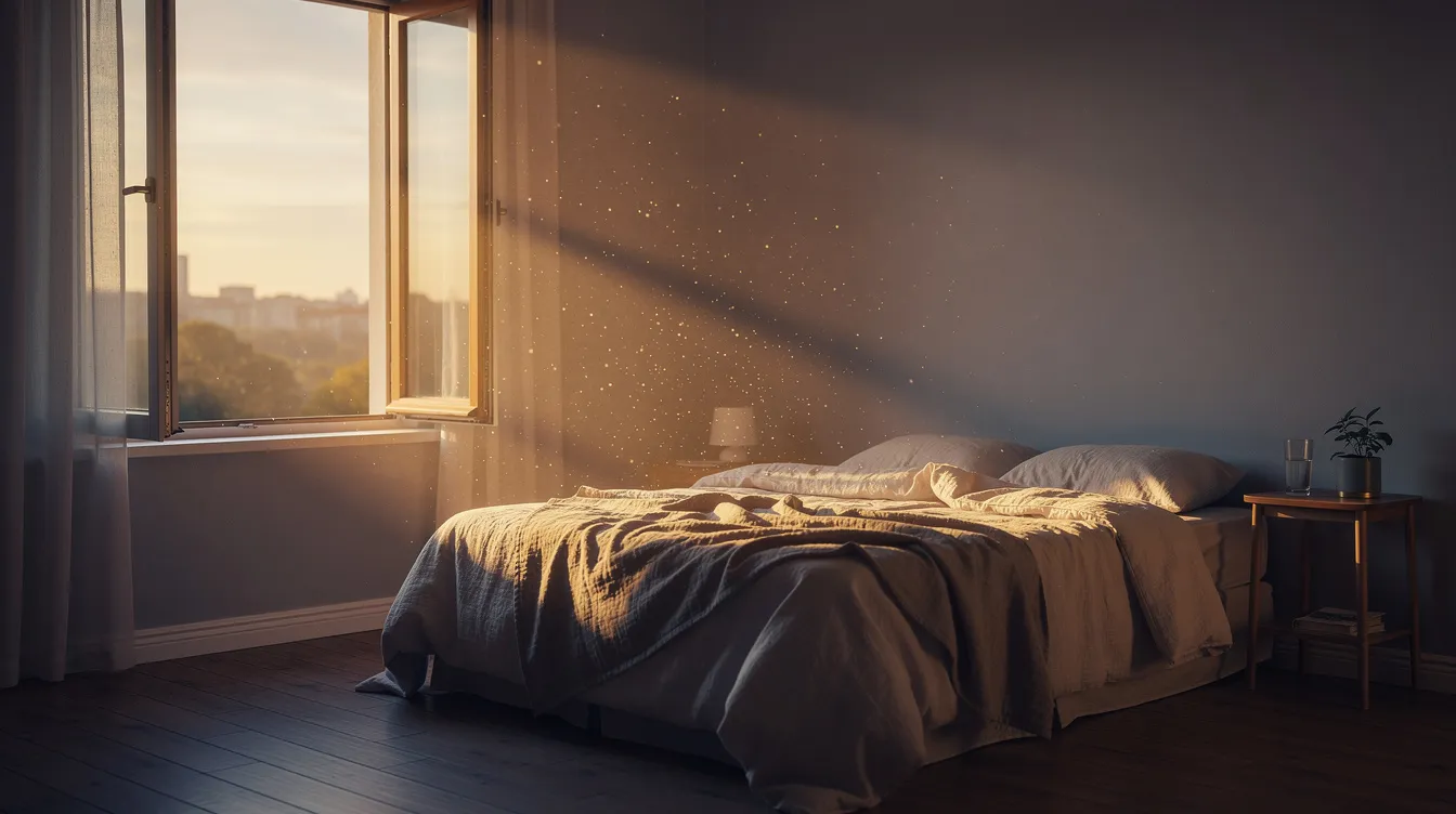 Sunlight streams through an open bedroom window at dawn, filling the room with natural light that promotes relaxation and helps regulate the body&rsquo;s circadian rhythm for a better night&rsquo;s sleep. The soft glow creates a calm atmosphere, ideal for those looking to improve sleep quality and fall asleep faster.