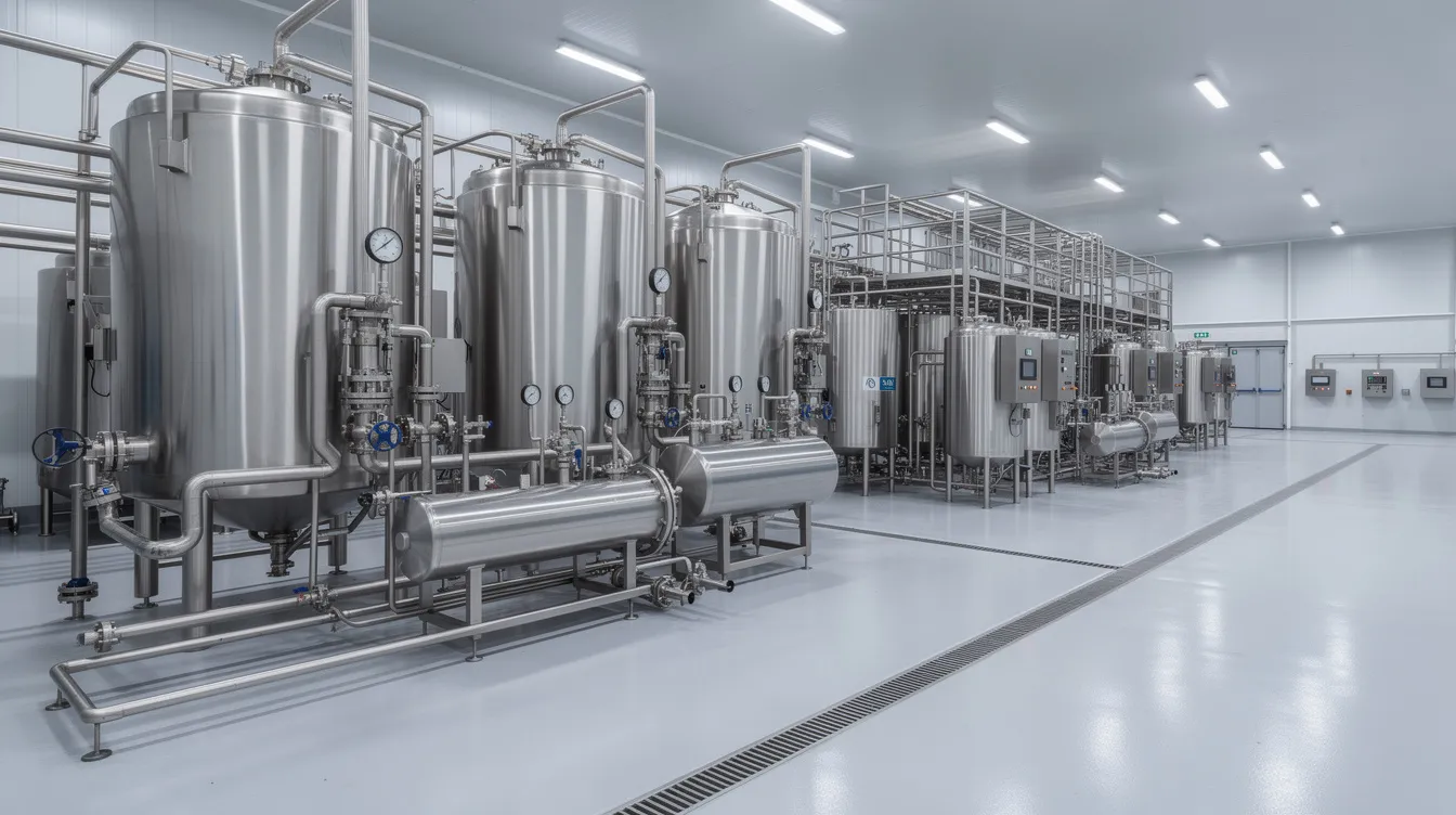 The image depicts industrial stainless steel dairy processing equipment, including pipes and tanks, set in a modern factory environment designed for whey protein production. This advanced whey processing plant features smooth surfaces and essential equipment for efficient manufacturing processes, ensuring consistent product quality in the food industry.