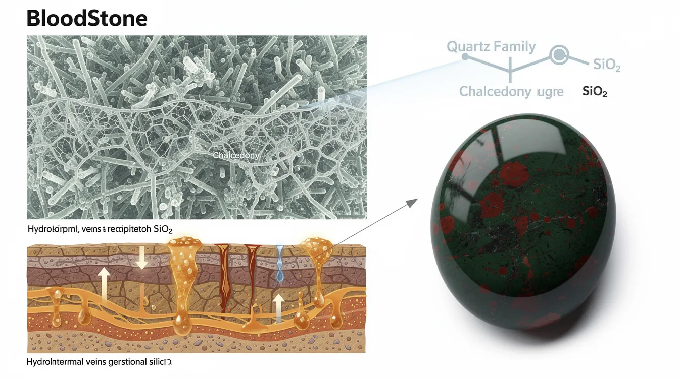 The image features a close-up view of a bloodstone, showcasing its unique microcrystalline structure with deep red spots against a dark green background. This natural stone, part of the chalcedony subgroup, is often used in jewelry like rings and earrings, symbolizing strength and vitality.
