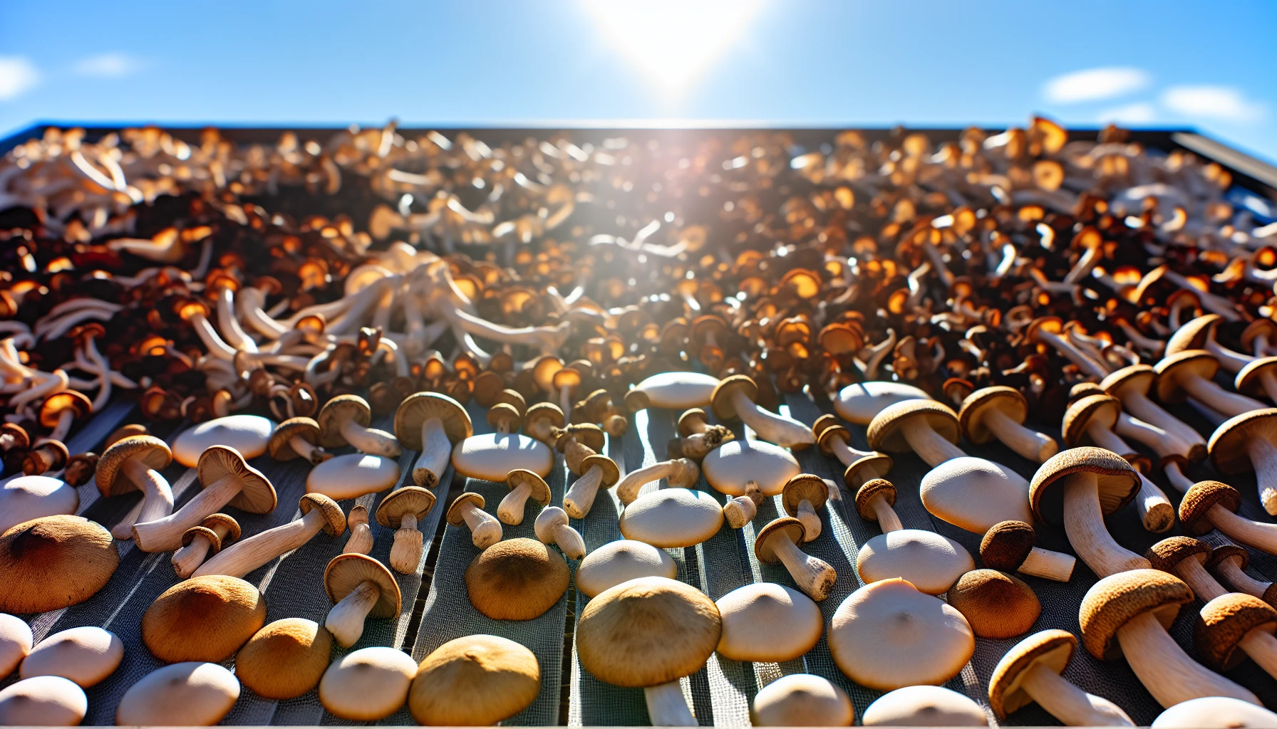 Sun-drying mushrooms outdoors