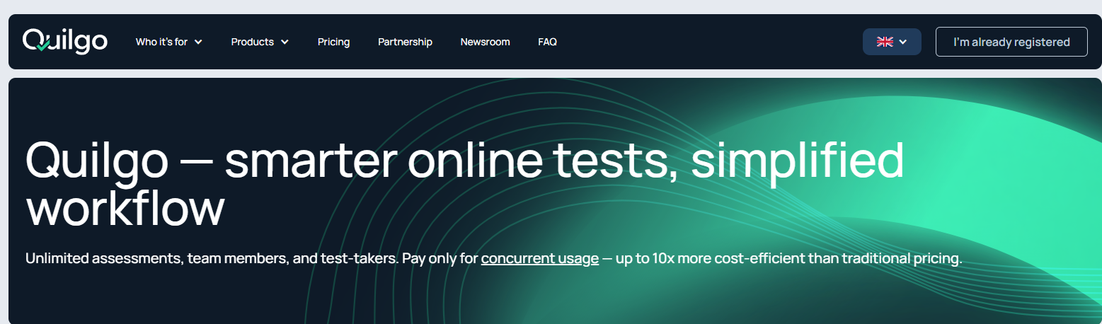Quilgo homepage showcasing secure online assessment software with automated proctoring, scalable remote testing, and streamlined exam management for educational institutions.