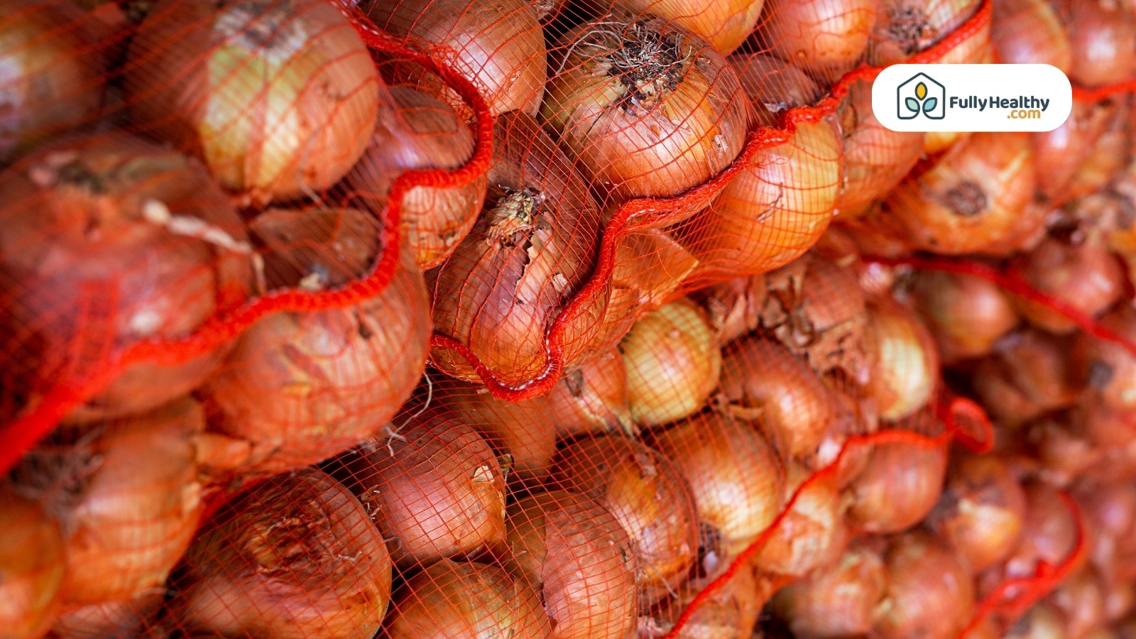 Pile of onions inside red mesh sacks for storage or transport