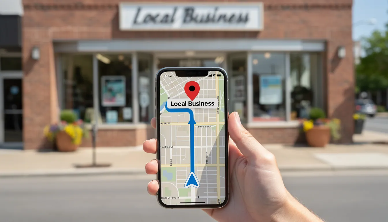 The image depicts a local business storefront with a smartphone in the foreground displaying Google Maps directions to the location. This visual emphasizes the importance of local SEO and business listings in search results, helping potential customers find relevant business information easily.