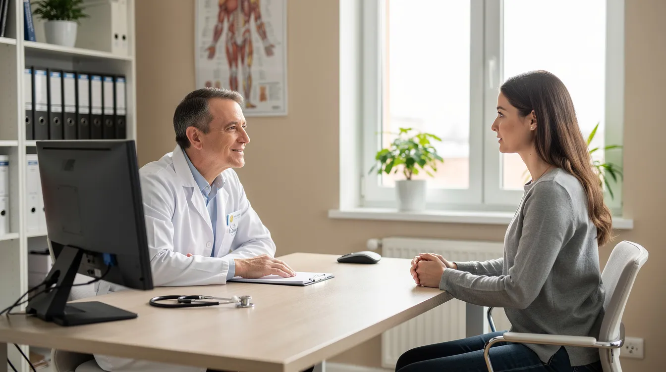 The image depicts a calm and professional medical consultation room where a board-certified plastic surgeon is discussing labiaplasty surgery options with a female patient across a desk. The environment suggests a focus on addressing aesthetic goals and individual needs related to the labia minora and labia majora, providing a comfortable space for patients to explore their concerns about physical discomfort and appearance.