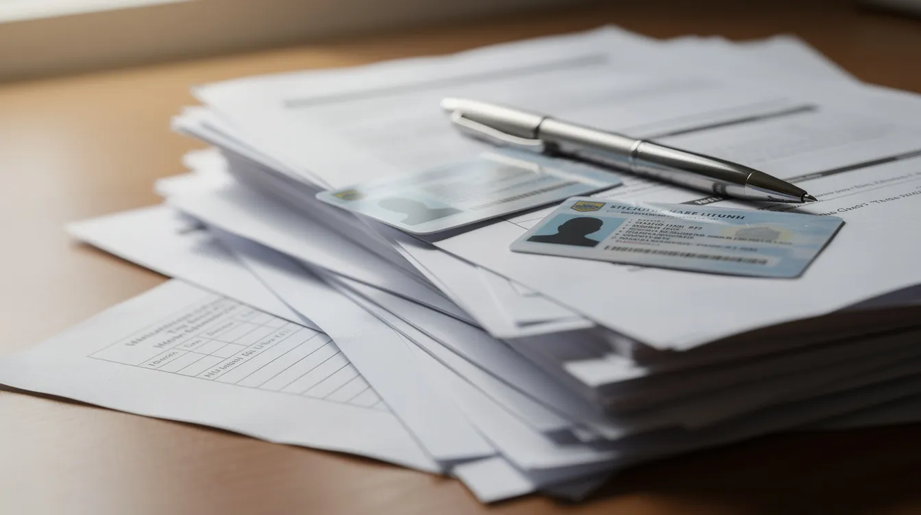 12b1b6af f910 4127 9701 d83b4d8ed012 The image shows a stack of documents, including identity cards and a bank statement, alongside a pen on a wooden desk, which may represent the paperwork required for applying for mudra loans under the Pradhan Mantri Mudra Yojana. This scene highlights the essential documentation needed for small businesses and entrepreneurs seeking collateral-free funding and support from financial institutions.