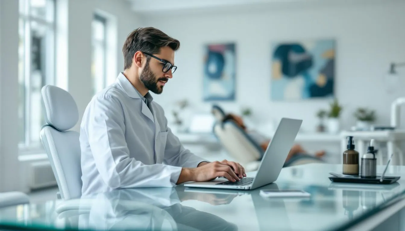 A dentist is seated at a modern dental office desk, focused on their laptop, which displays a dental practice's website. The environment reflects a professional atmosphere, emphasizing the importance of online visibility and effective SEO strategies to attract local patients seeking dental services.