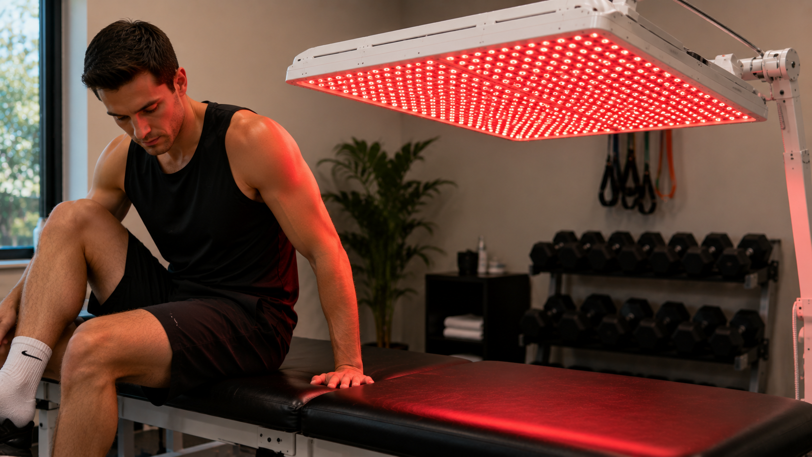 Athlete preparing for a red light treatment session in a recovery clinic