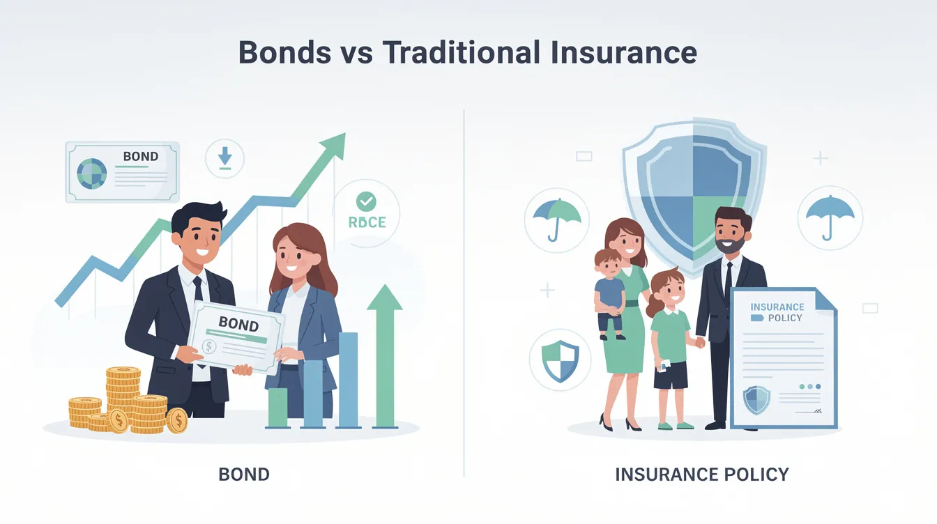 The image depicts a side-by-side comparison of bonds and traditional insurance, highlighting key differences in structure and purpose. On one side, various types of bonds such as surety bonds and performance bonds are illustrated, while the other side features traditional insurance products, emphasizing the roles of insurance companies and the bond obligation to protect against financial losses.