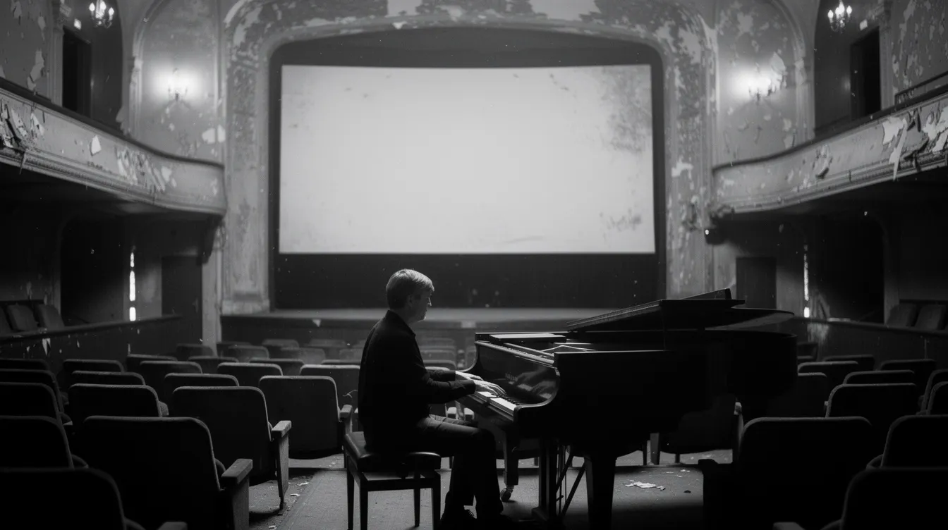 In einer Schwarz-Weiss-Aufnahme sitzt ein Pianist an einem Flügel in einem alten Kinosaal, während er vor einer großen Leinwand spielt. Die Szene vermittelt eine dramatische Atmosphäre, die die Verbindung zwischen Musik und Film verdeutlicht.