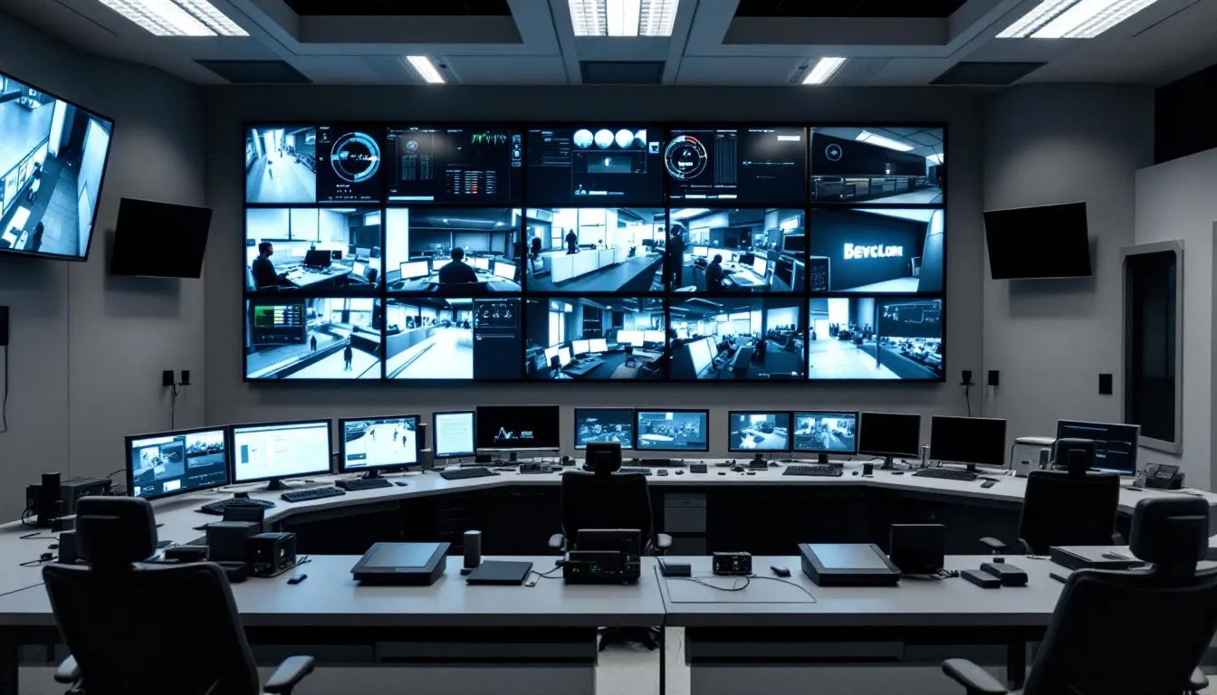 En la imagen se muestra una sala de control de seguridad moderna, equipada con m&uacute;ltiples monitores que exhiben im&aacute;genes en tiempo real, reflejando el compromiso de un equipo de vigilancia en la protecci&oacute;n de activos y la prevenci&oacute;n de riesgos en diversas empresas. La tecnolog&iacute;a avanzada y el orden en el lugar destacan la responsabilidad y la experiencia del grupo en el sector de la seguridad.