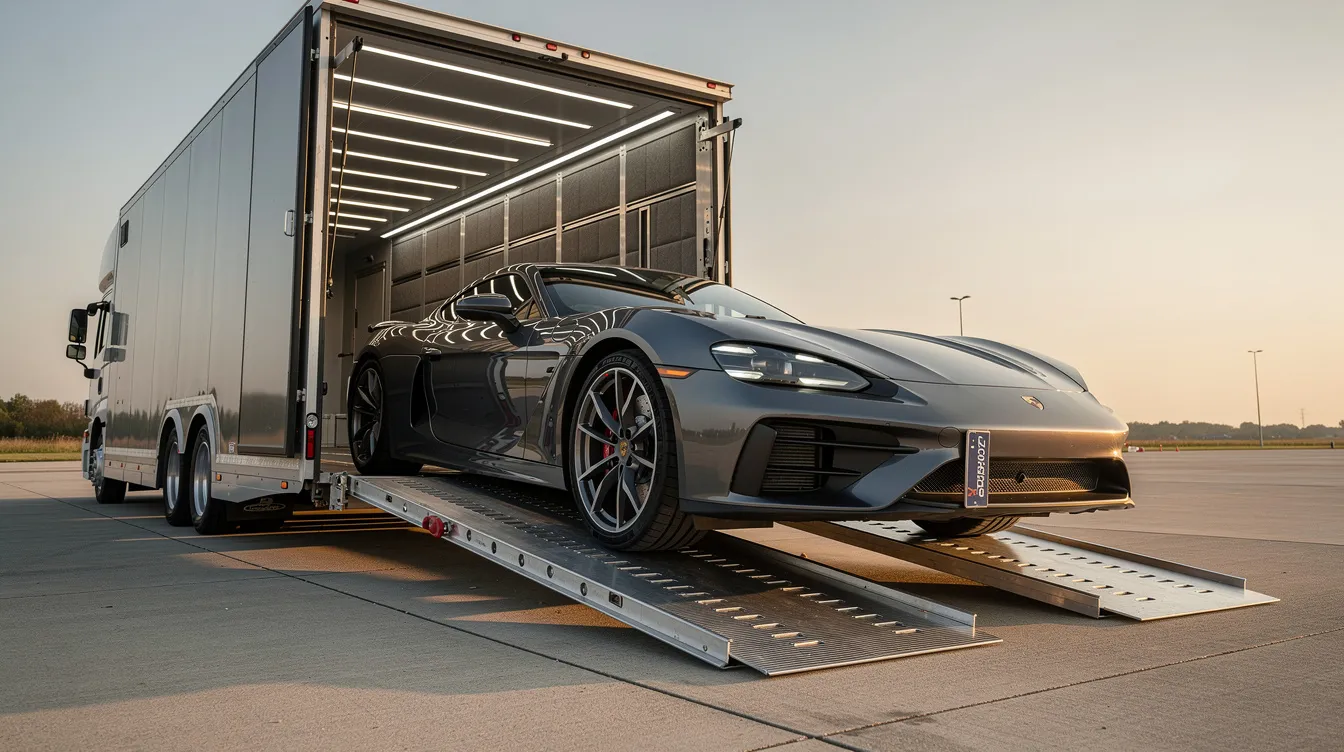 The image shows an enclosed auto transport trailer with a sleek luxury sports car being carefully loaded inside, highlighting the attention to detail and protection offered by enclosed car shipping services. This scene exemplifies reliable car shipping options for transporting high-value vehicles securely.