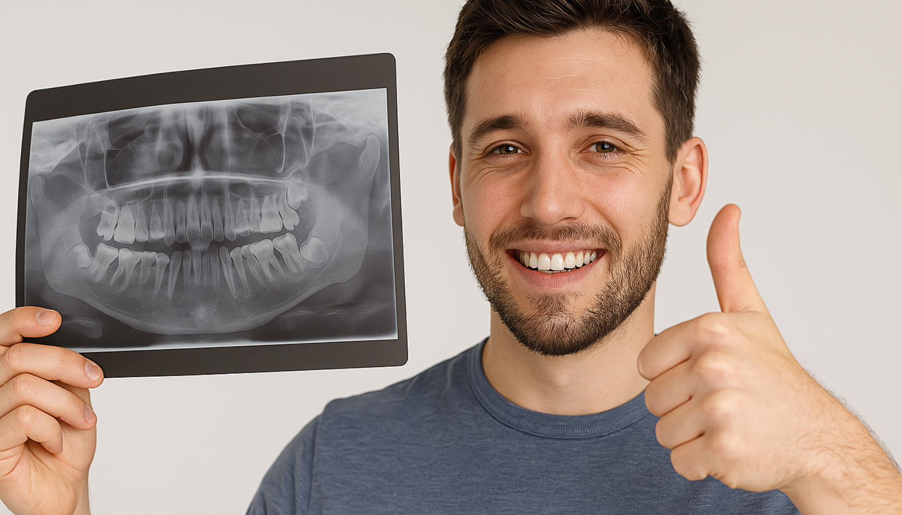 Må man trekke visdomstann: Ikke alltid men ofte lønner det seg 11 Smilende mann holder røntgenbilde av tenner og viser tommel opp ved vurdering av visdomstannfjerning.