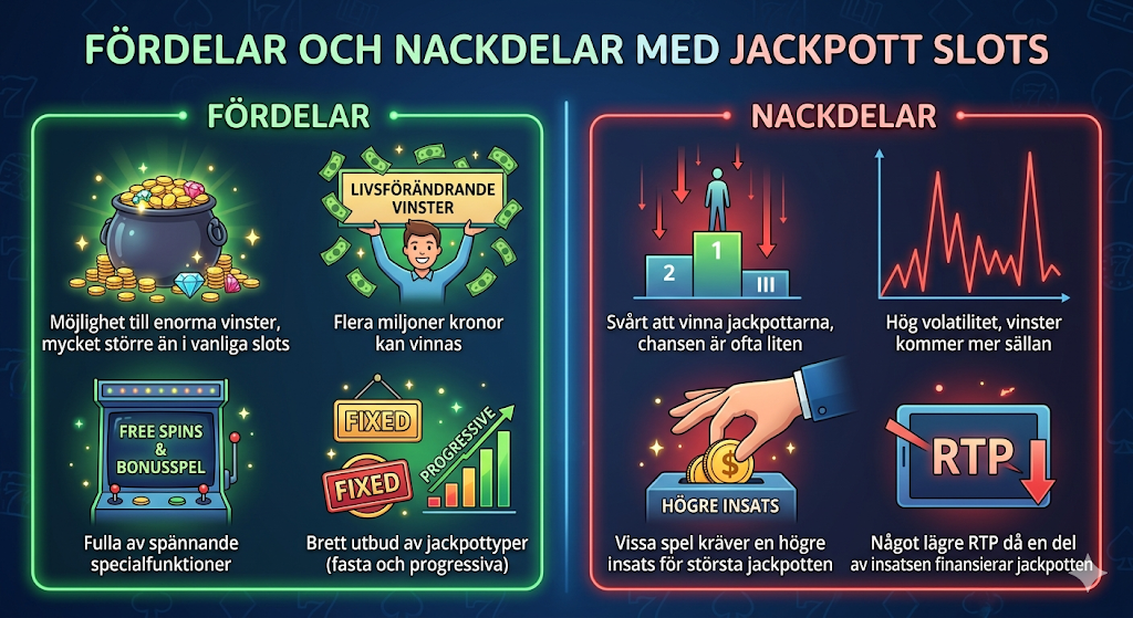 Fördelar och nackdelar med jackpot slots som visar chansen att vinna jackpotten, progressiva jackpottar, stora vinster och risker som hög volatilitet och lägre RTP i casino spel online.