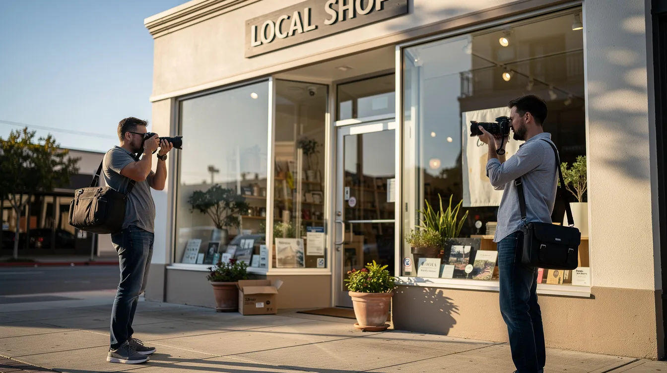A professional photographer is capturing images of a small business storefront on a sunny day, highlighting its inviting exterior. This visual representation can enhance the business's online visibility and support local SEO efforts in Gainesville, attracting potential customers and improving search rankings.