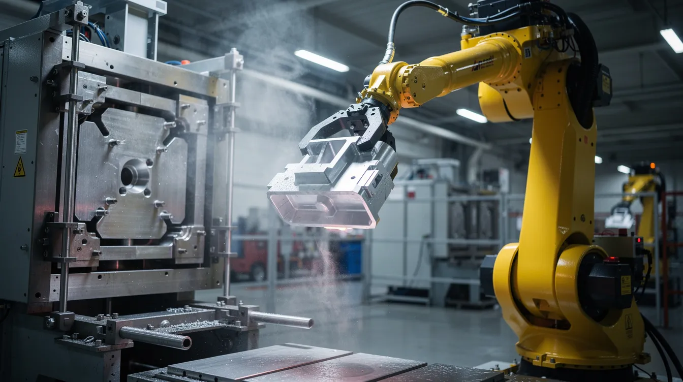 The image depicts a robotic arm efficiently extracting a freshly cast aluminum part from an open die casting machine, showcasing the high pressure die casting process. The molten metal has solidified into a complex shape, highlighting the precision and excellent dimensional accuracy achieved in modern manufacturing methods.