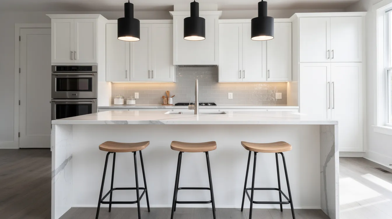 The image features a stylish kitchen island with three modern bar stools and elegant pendant lighting hanging above a sleek quartz countertop. This inviting space serves as a focal point in the kitchen, perfect for meal preparation and dining in an open concept layout.