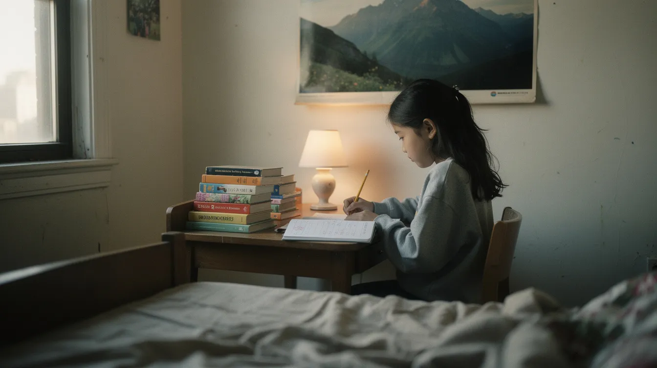 A biracial East Asian and white nine-year-old girl sits at a small wooden desk in her Brooklyn bedroom, focused on her math workbook with a sharpened pencil in hand, surrounded by library books and illuminated by a soft ceramic lamp. The intimate scene captures the essence of child development and academic success, as she quietly concentrates on her schoolwork in a cozy, slightly cluttered space.
