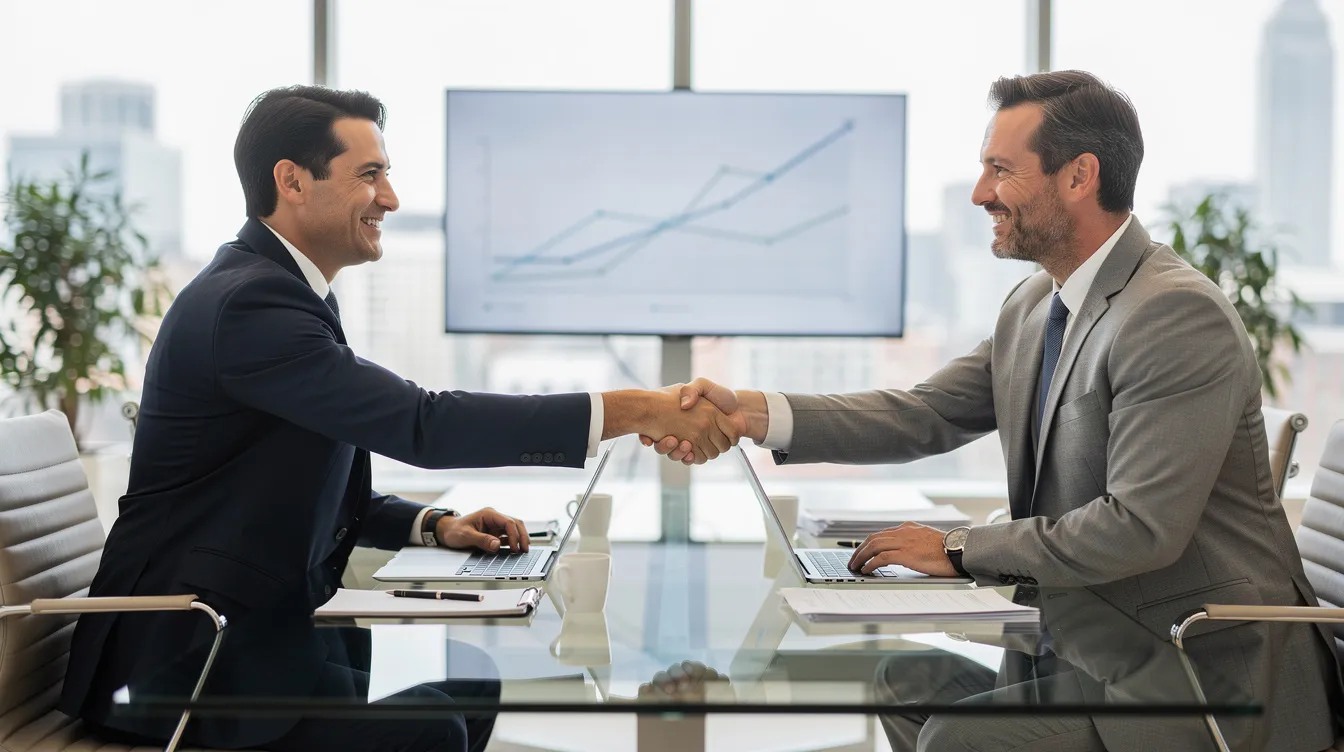 The image depicts two businesspeople shaking hands across a sleek conference table in a modern office setting, symbolizing a successful partnership or agreement. This scene reflects the professional environment often associated with 中小企業貸款 and business financing discussions.
