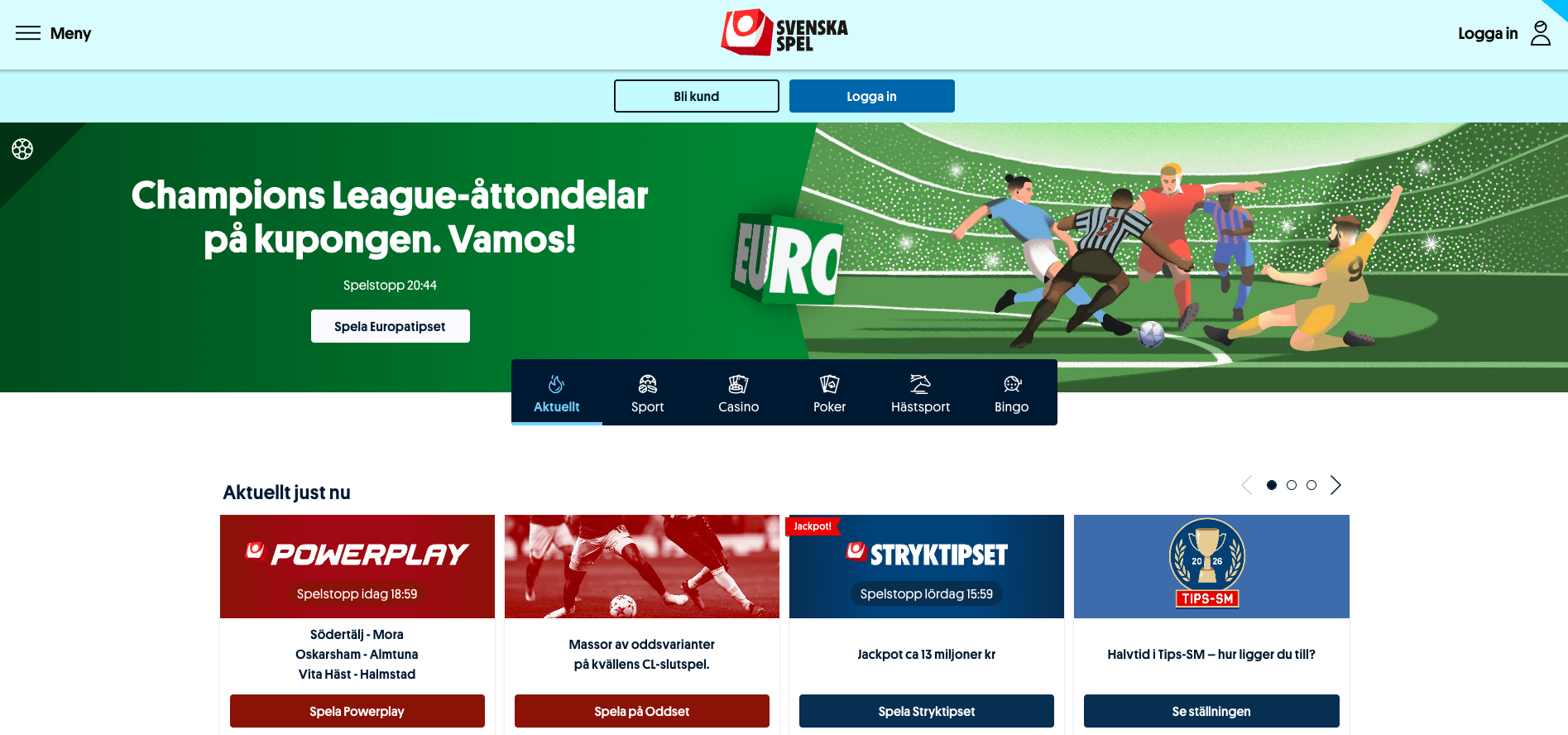 Svenska Spel Sport & Casino webbplats med Oddset och Europatipset, Champions League fotboll på kupongen, spela online idag med odds och spelstopp. Logga in via meny på webbplatsen, 18 år gäller och stöd finns via Spelkoll och Stödlinjen.