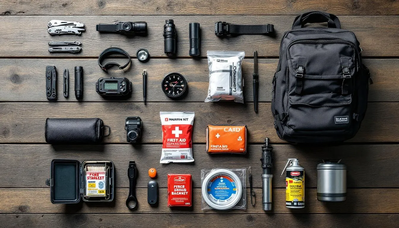 A collection of essential survival kit gear for camping is displayed, featuring items like a Sawyer Mini water filter, a first aid kit, duct tape, and a ferro rod for fire starting, all packed neatly in a bug out bag. This all-in-one solution ensures preparedness for outdoor adventures and emergency situations, helping families stay safe and maintain access to clean water and essential supplies.