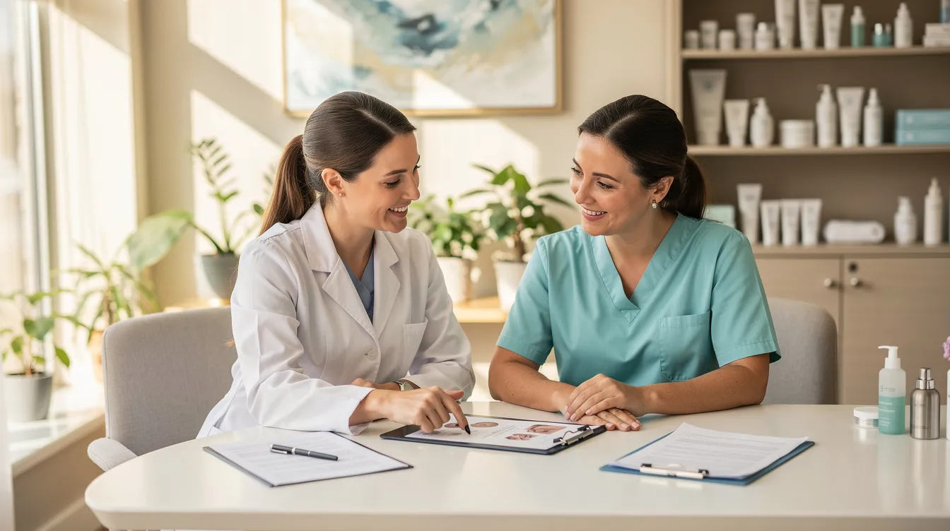 A body contouring specialist and a client are engaged in a discussion at a consultation desk in a bright and welcoming med spa office, reviewing a personalized treatment plan aimed at eliminating stubborn fat cells and tightening loose skin for optimal results. The atmosphere is inviting, reflecting the spa's focus on non-invasive treatments and skin rejuvenation.