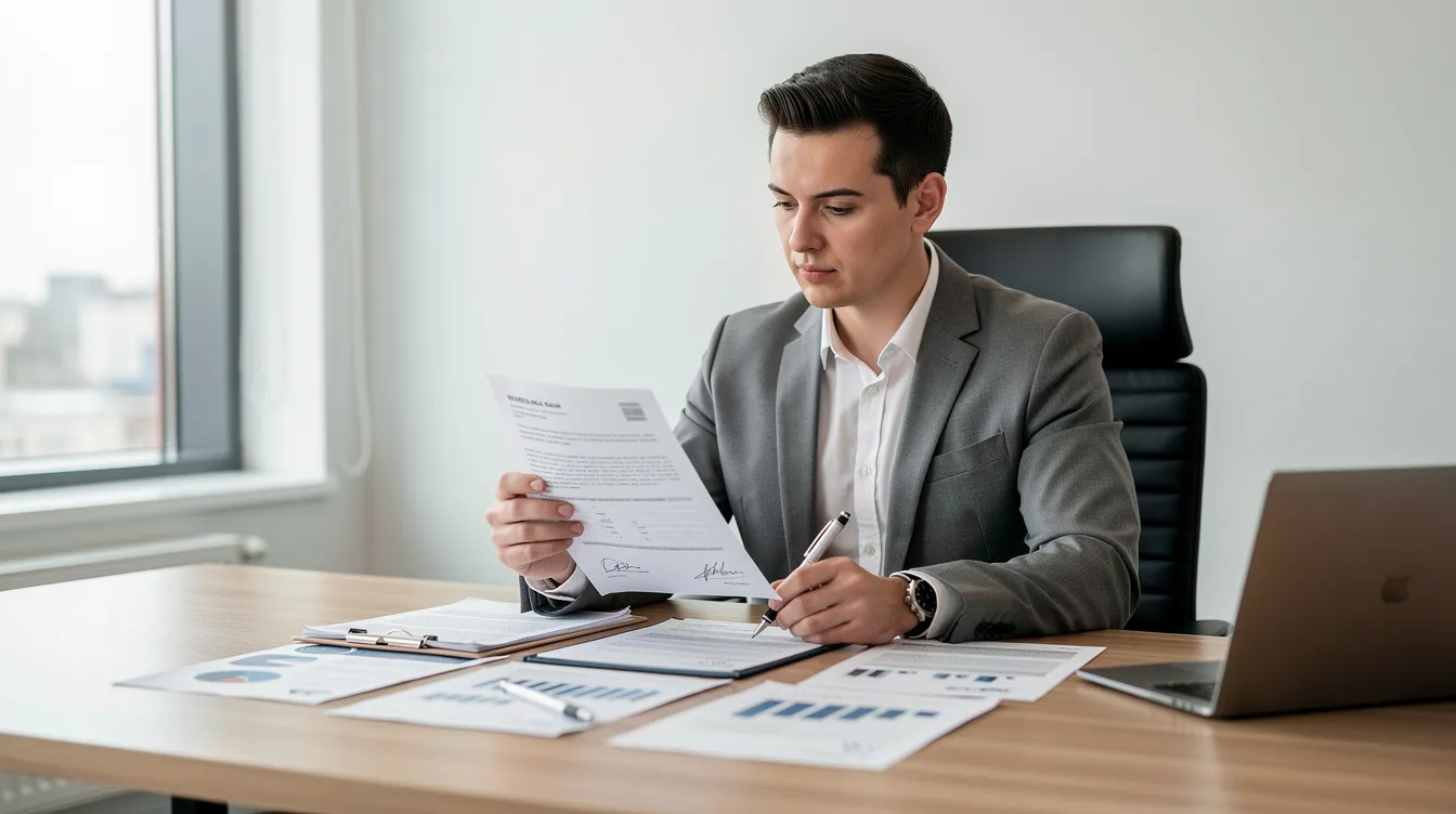 12c4402e 7a0a 4b6f abaf 88ac789773ee A confident individual is seated at a desk, meticulously reviewing official documents related to a loan application, possibly for a Mudra loan to support their business or micro enterprise. The scene conveys a sense of diligence and focus, highlighting the importance of proper documentation in availing financial assistance for income generation.