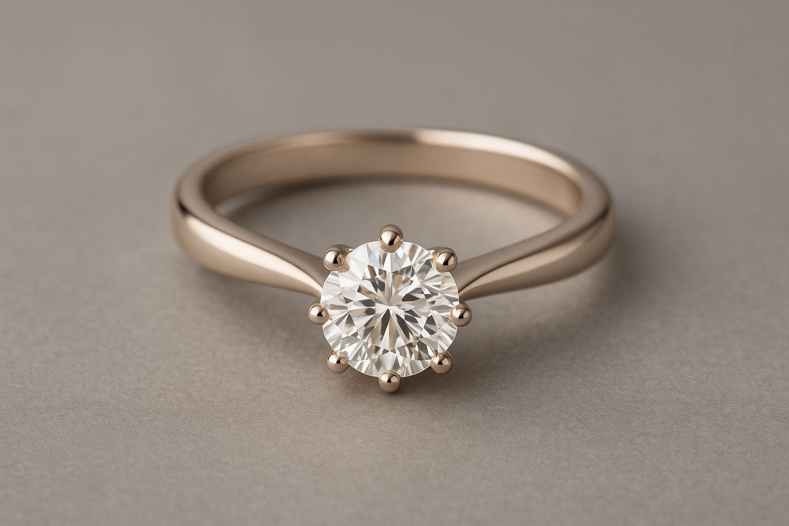 Klasikinio dizaino natūralaus (šampaninio) balto aukso sužadėtuvių žiedas su spindinčiu briliantu