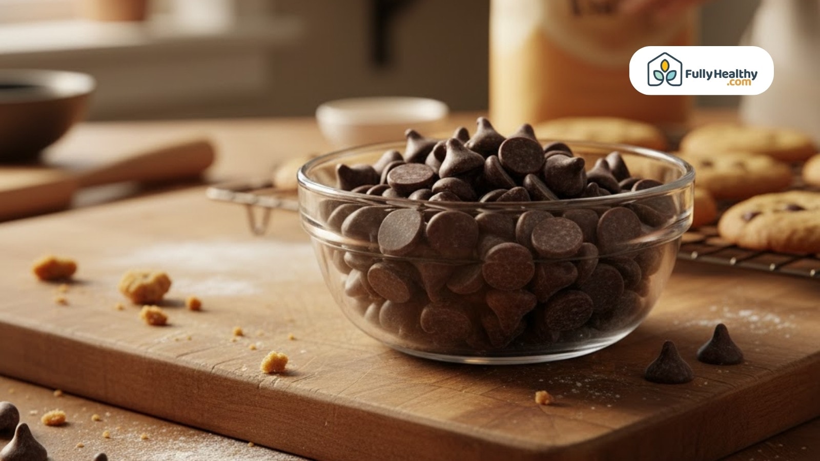 Bowl of chocolate chips on wooden board with cookies and crumbs around