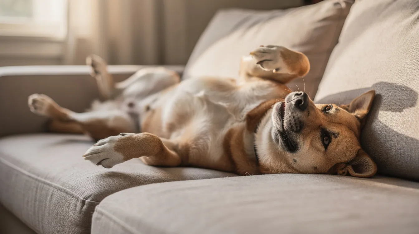 A relaxed dog lies on its back on a couch, limbs loose and a content expression on its face, showcasing signs of feeling safe and loved in its home. This body language, including the exposed belly, is a sure sign that this furry friend trusts its pet parents and enjoys quality time in the same room.