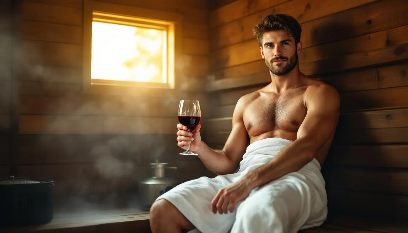 In the image, a person is depicted sitting in a sauna room, holding a drink, with a look of discomfort on their face, highlighting the mistake of consuming alcohol before sauna use. This scene emphasizes the importance of avoiding alcohol to fully enjoy the health benefits of sauna sessions and to prevent dehydration in the intense heat.