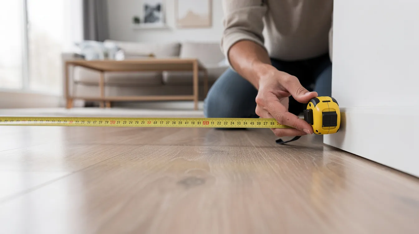 A person is measuring the floor space of a living room with a tape measure, likely considering the layout for a new sofa. This measurement will help determine the best sofa shape, such as an L shaped sectional or a regular sofa, to fit comfortably in the room and accommodate seating for guests.