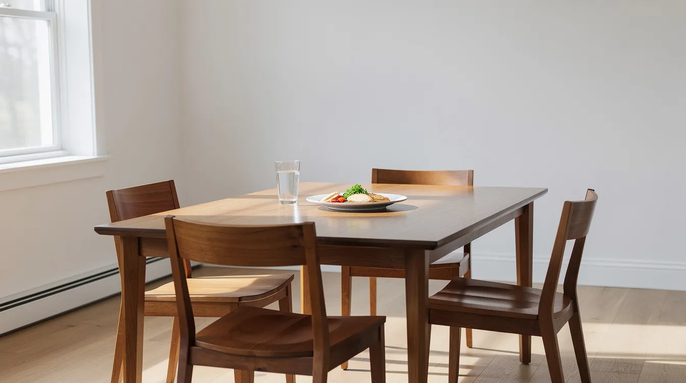 The image shows a bright dining room featuring a medium-toned wooden dining table surrounded by four comfortable dining chairs. Natural light streams through a window, illuminating a clean and uncluttered dining area, perfect for everyday meals or special occasions.