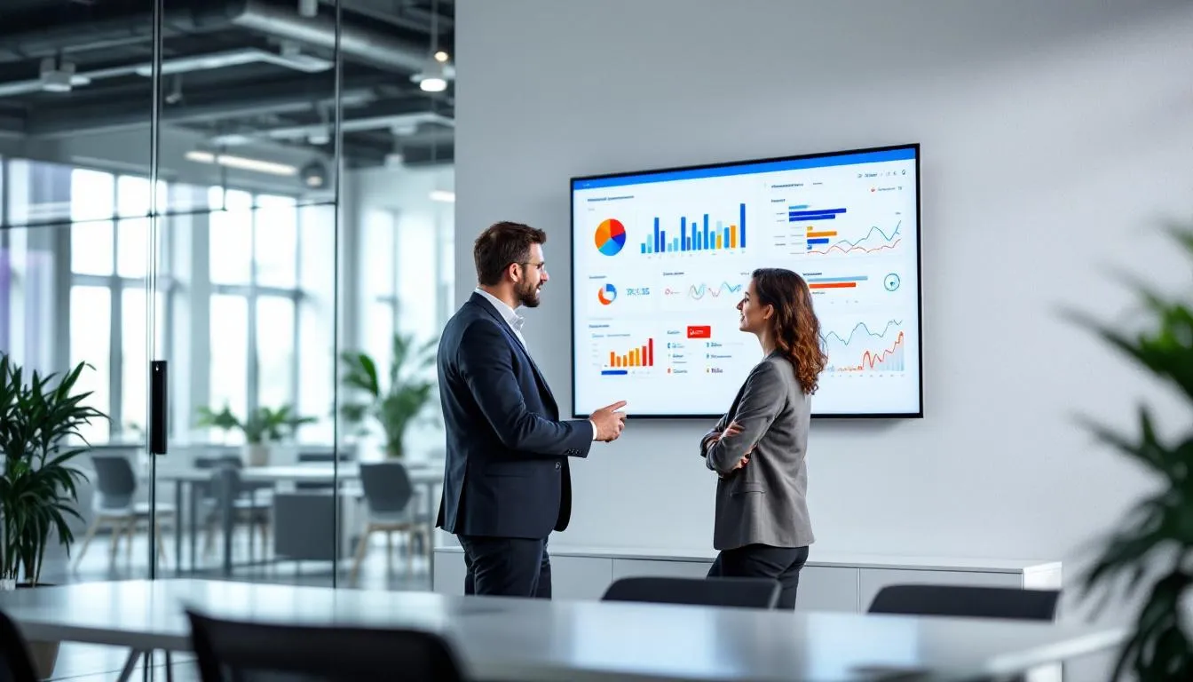 In a modern office, a professional mentor is coaching a junior sales representative, focusing on enhancing their sales skills and understanding of the sales process. Charts and graphs displayed on wall screens illustrate key metrics, emphasizing the importance of effective sales training programs for sales team success.