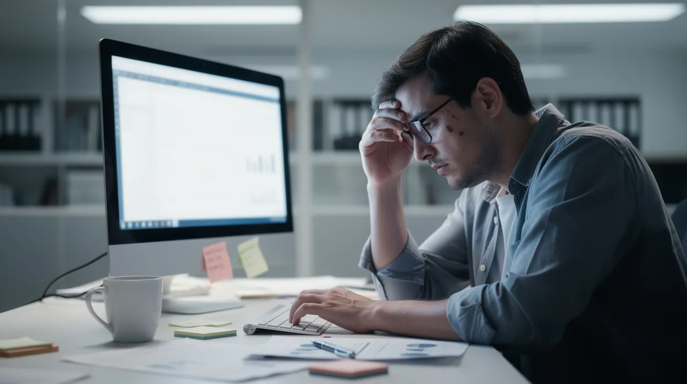 A person sitting at a desk is rubbing their eyes and appears to be struggling to concentrate on their computer screen, possibly experiencing symptoms of brain fog or cognitive difficulties often associated with mild traumatic brain injury. This scene may reflect the challenges faced by individuals dealing with the lingering effects of a head injury, such as those sustained in a car accident.