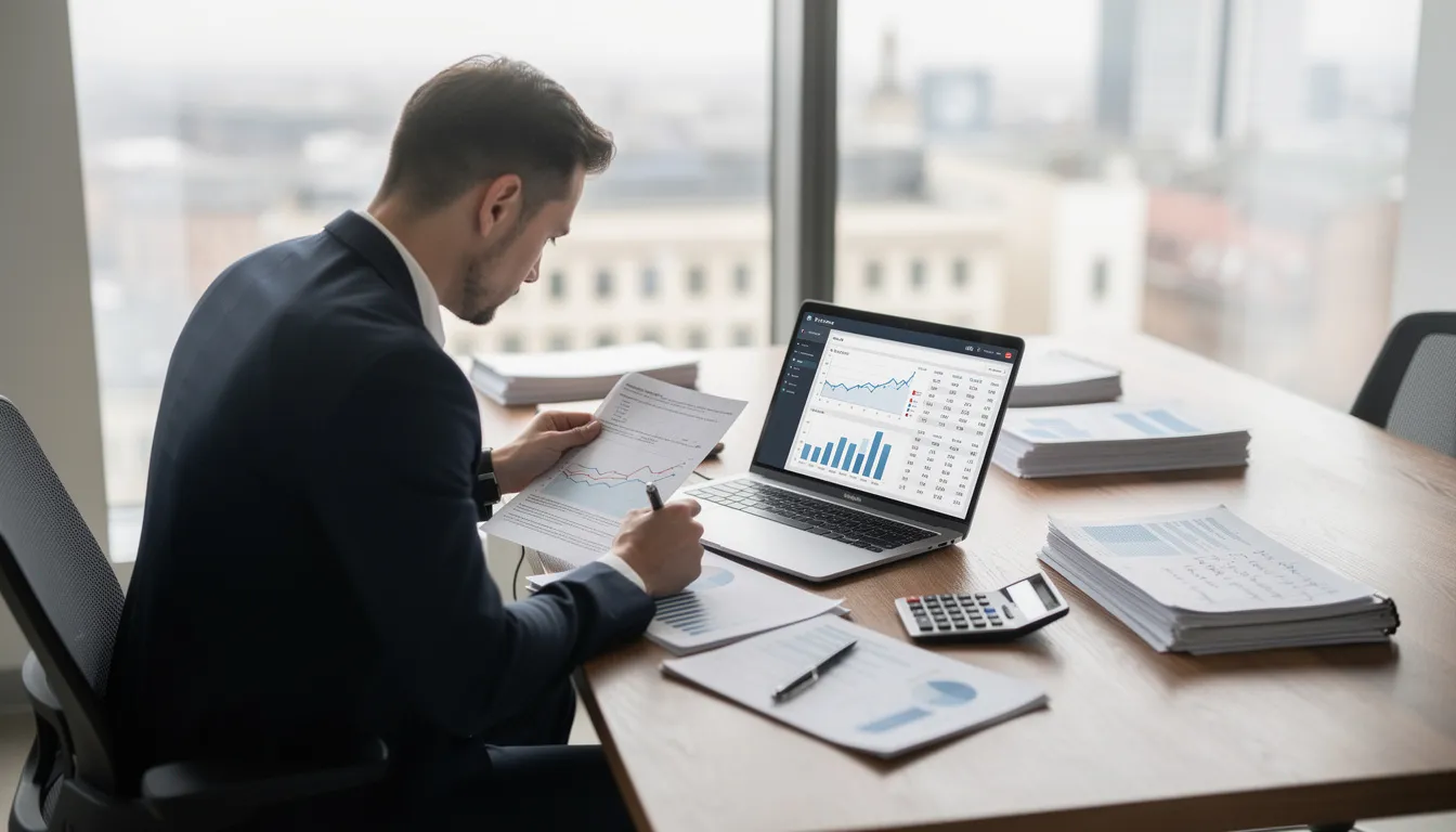 Na obrazku widzimy przedsiębiorcę analizującego dokumenty finansowe przy biurku z laptopem. W tle znajdują się różne papiery, co sugeruje, że zajmuje się on tematami związanymi z faktoringiem, weryfikacją zdolności kredytowej oraz zarządzaniem zobowiązaniami finansowymi.