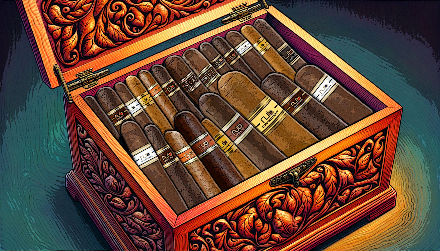 An assortment of nub cigars displayed in a humidor.