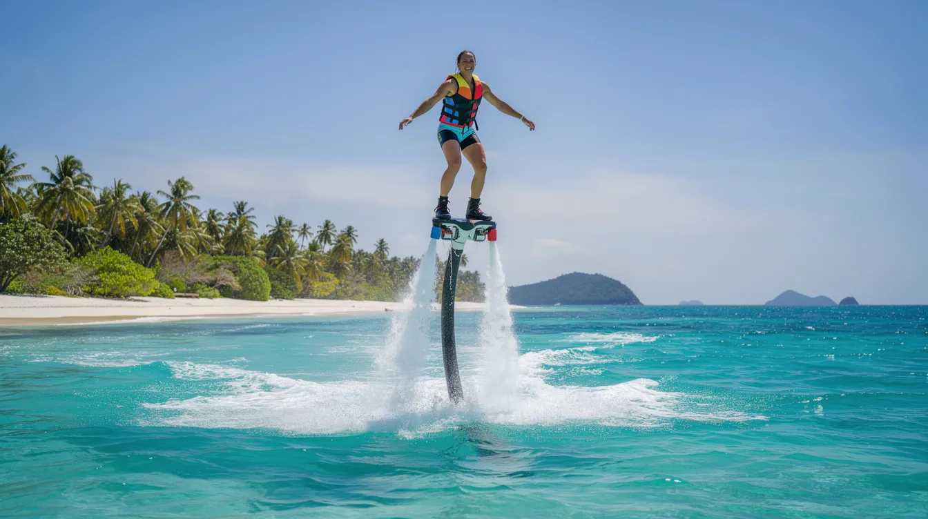 Uma pessoa sorridente está praticando flyboard em águas azul turquesa, com uma paisagem tropical exuberante ao fundo e um céu limpo, evocando a sensação de férias em Curaçao, uma ilha caribenha repleta de praias paradisíacas.