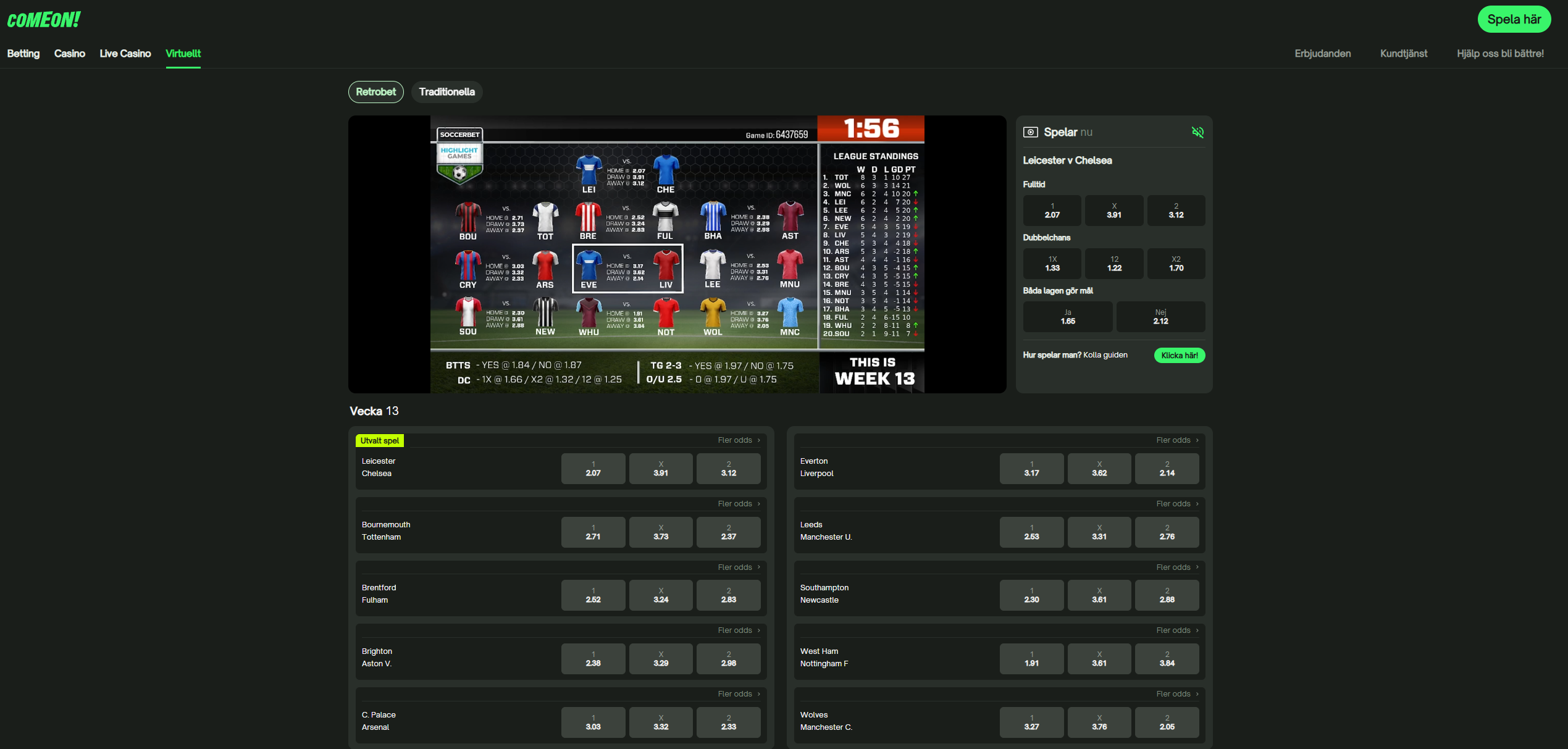 ComeOns virtuella betting med fotbollsmatcher och tillhörande odds.