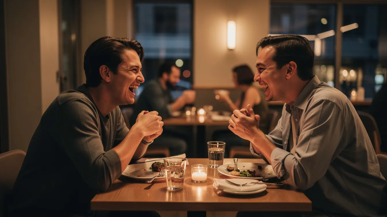 The image depicts two people joyfully laughing together at a quiet restaurant table, highlighting a moment of connection and emotional health in their relationship. This positive interaction contrasts with the struggles often faced in toxic relationships, emphasizing the importance of establishing healthy boundaries and nurturing self-esteem.
