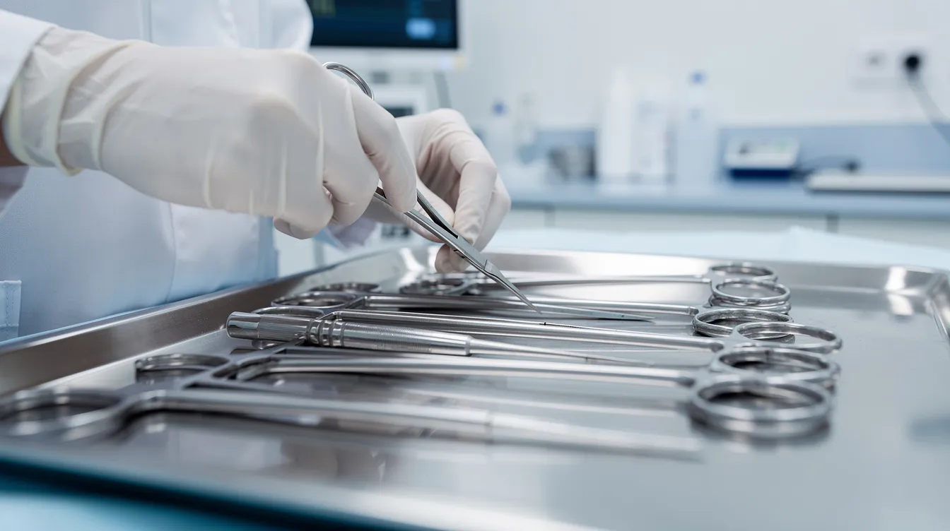A close-up image shows a medical professional meticulously arranging surgical instruments on a sterile tray in a clean clinical environment, ready for procedures such as earlobe repair surgery. The setting emphasizes the importance of hygiene and preparation in cosmetic procedures, ensuring a safe experience for patients seeking earlobe reconstruction.