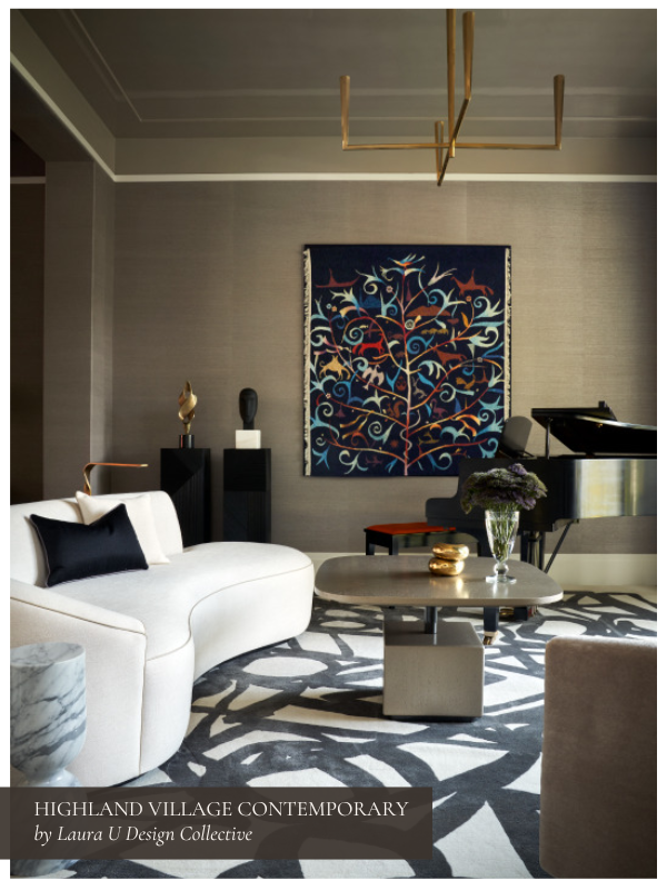 highland village sitting room with wallpaper and lacquered ceiling